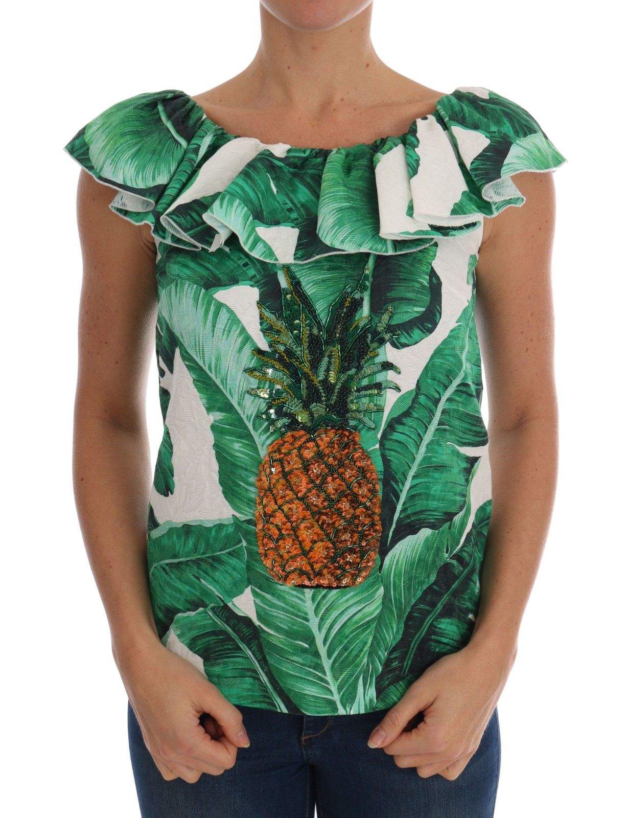 Dolce & Gabbana Pineapple Banana Sequins Blouse T-shirt #women, Dolce & Gabbana, feed-agegroup-adult, feed-color-Green, feed-gender-female, Green, IT36 | XS, IT38|XS, IT40|S, IT42|M, IT46|XL, Tops & T-Shirts - Women - Clothing, Women - New Arrivals at SEYMAYKA