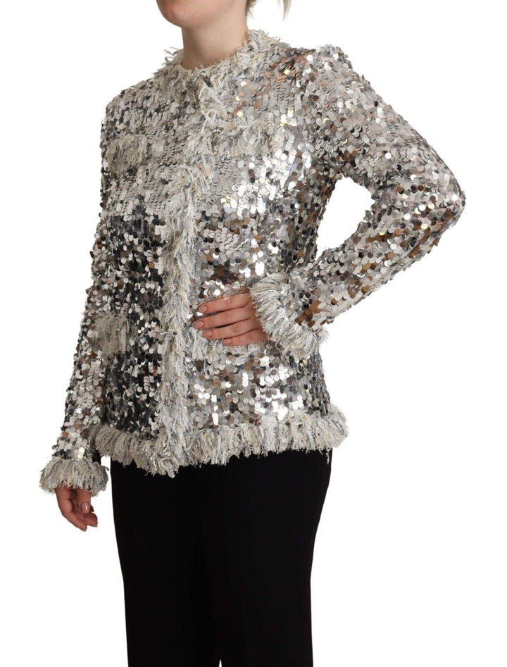 Dolce & Gabbana Silver Sequined Shearling Long Sleeves Jacket Dolce & Gabbana, feed-1, IT40|S, Jackets & Coats - Women - Clothing, Silver at SEYMAYKA
