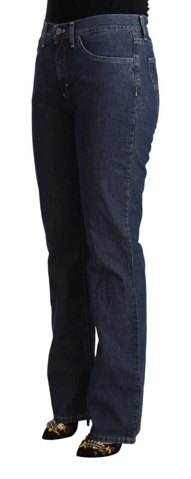 GF Ferre Blue Cotton Mid Waist Flared Denim Jeans