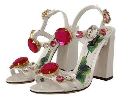 Dolce & Gabbana White Leather Crystal Keira Heels Sandals Dolce & Gabbana, EU39/US8.5, feed-1, Sandals - Women - Shoes, White at SEYMAYKA
