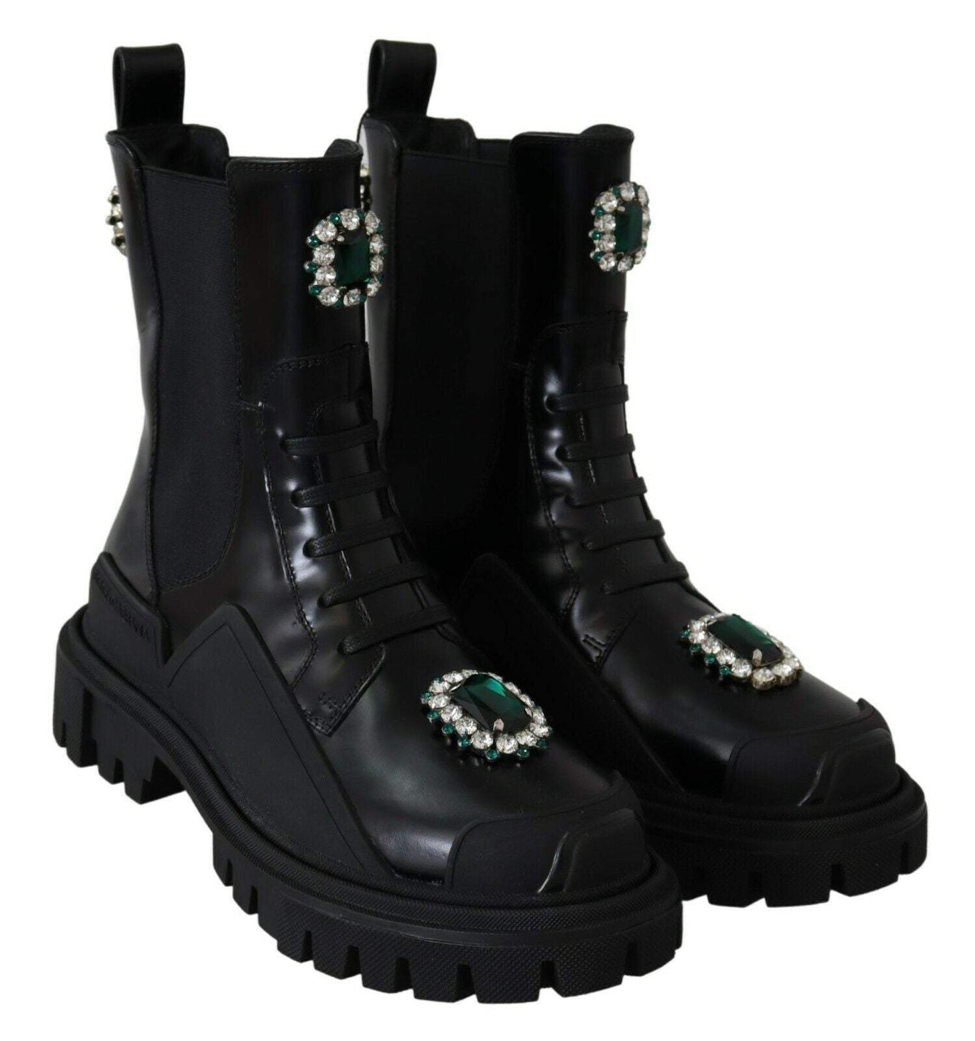 Dolce & Gabbana Black Leather Crystal Combat Boots Black, Boots - Women - Shoes, Dolce & Gabbana, EU35/US4.5, feed-1, Shoes - New Arrivals at SEYMAYKA