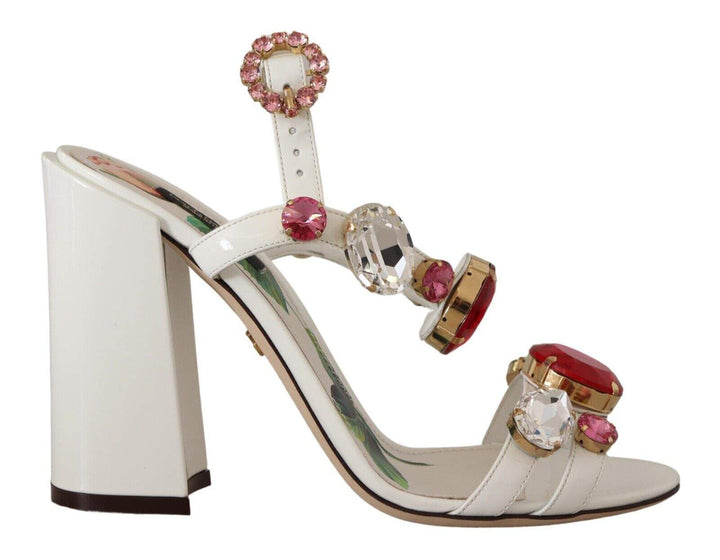 Dolce & Gabbana White Leather Crystal Keira Heels Sandals Dolce & Gabbana, EU39/US8.5, feed-1, Sandals - Women - Shoes, White at SEYMAYKA