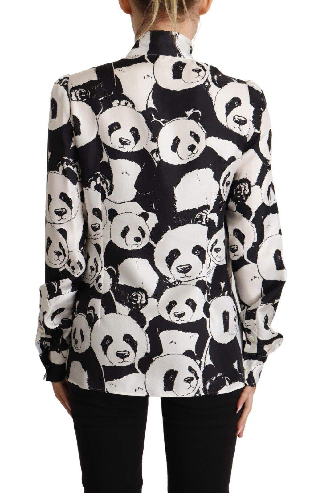 Dolce & Gabbana Black White Panda Print Silk Ascot Collar Top Black/White, Dolce & Gabbana, feed-1, IT40|S, Tops & T-Shirts - Women - Clothing at SEYMAYKA