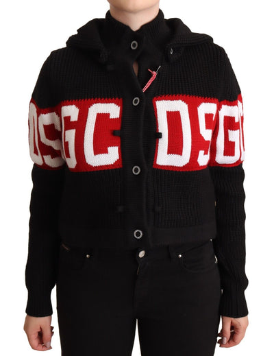 GCDS Black Cashmere Hooded Button Down Logo Cardigan Jacket