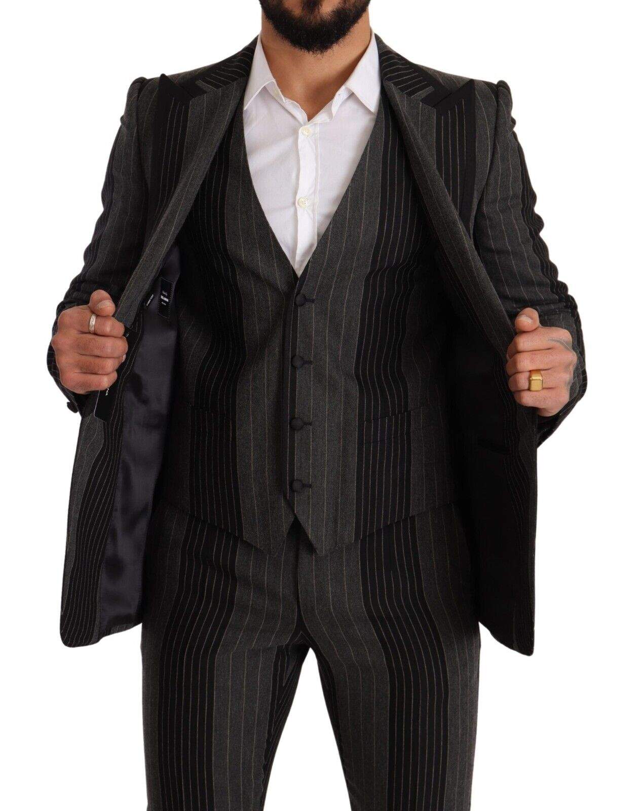 Dolce & Gabbana Black Gray Striped Slim Fit 3 Piece Suit #men, Black and Gray, Dolce & Gabbana, feed-1, IT48 | M, Suits - Men - Clothing at SEYMAYKA
