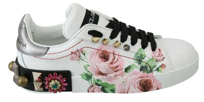 Dolce & Gabbana White Leather Crystal Roses Floral Sneakers Dolce & Gabbana, EU35/US4.5, EU36.5/US6, EU37.5/US7, EU37/US6.5, feed-1, Shoes - New Arrivals, Sneakers - Women - Shoes, White at SEYMAYKA