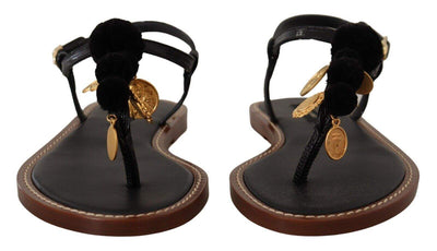 Dolce & Gabbana Black Leather Coins Flip Flops Sandals Dolce & Gabbana, EU36.5/US6, feed-1, Flat Shoes - Women - Shoes, Gold Black at SEYMAYKA