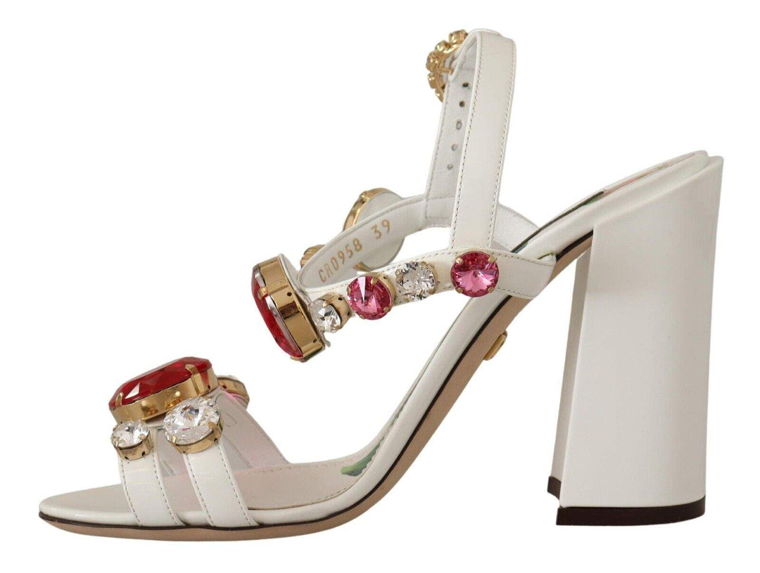 Dolce & Gabbana White Leather Crystal Keira Heels Sandals Dolce & Gabbana, EU39/US8.5, feed-1, Sandals - Women - Shoes, White at SEYMAYKA