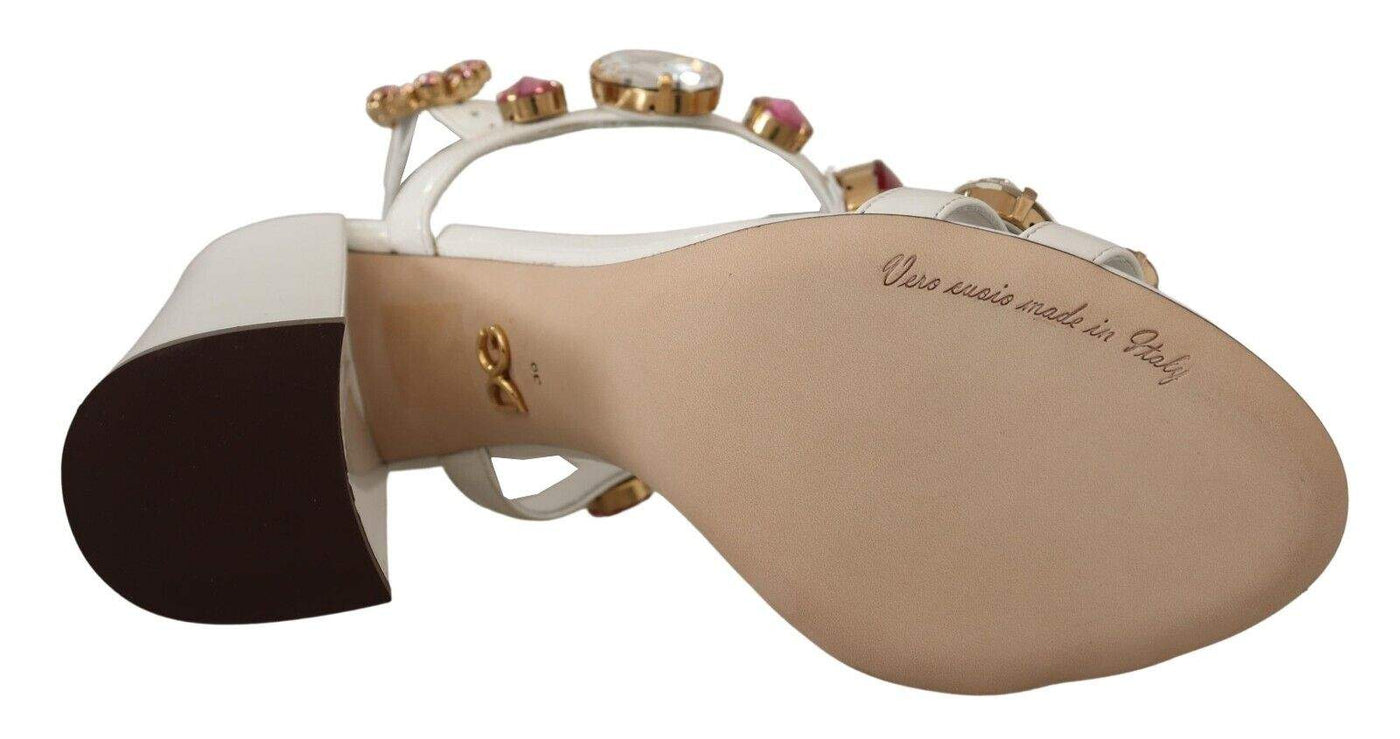 Dolce & Gabbana White Leather Crystal Keira Heels Sandals Dolce & Gabbana, EU39/US8.5, feed-1, Sandals - Women - Shoes, White at SEYMAYKA