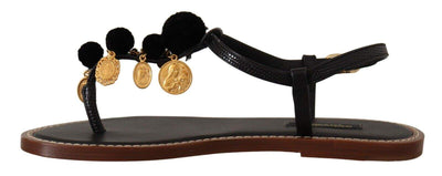 Dolce & Gabbana Black Leather Coins Flip Flops Sandals Dolce & Gabbana, EU36.5/US6, feed-1, Flat Shoes - Women - Shoes, Gold Black at SEYMAYKA