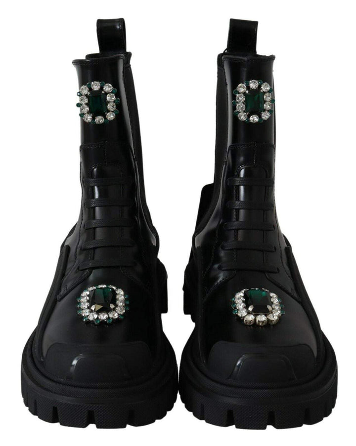 Dolce & Gabbana Black Leather Crystal Combat Boots Black, Boots - Women - Shoes, Dolce & Gabbana, EU35/US4.5, feed-1, Shoes - New Arrivals at SEYMAYKA