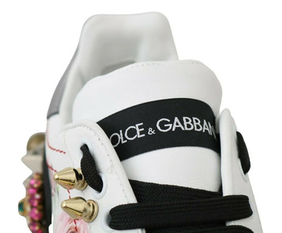 Dolce & Gabbana White Leather Crystal Roses Floral Sneakers Dolce & Gabbana, EU35/US4.5, EU36.5/US6, EU37.5/US7, EU37/US6.5, feed-1, Shoes - New Arrivals, Sneakers - Women - Shoes, White at SEYMAYKA