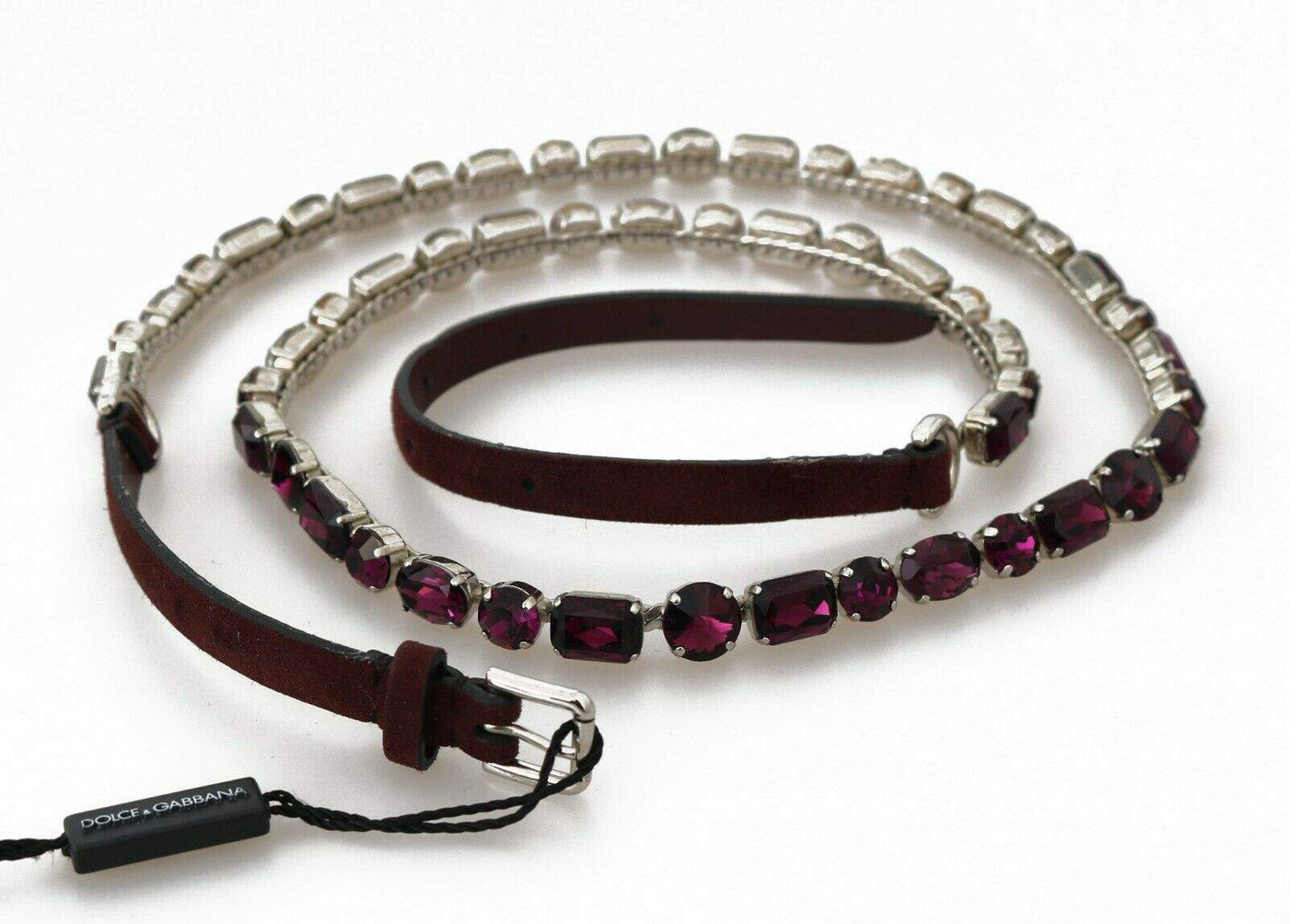Dolce & Gabbana Brown Leather Purple Crystal Chain Belt Belts - Women - Accessories, Brown, Dolce & Gabbana, feed-agegroup-adult, feed-color-Brown, feed-gender-female, IT44 | M at SEYMAYKA
