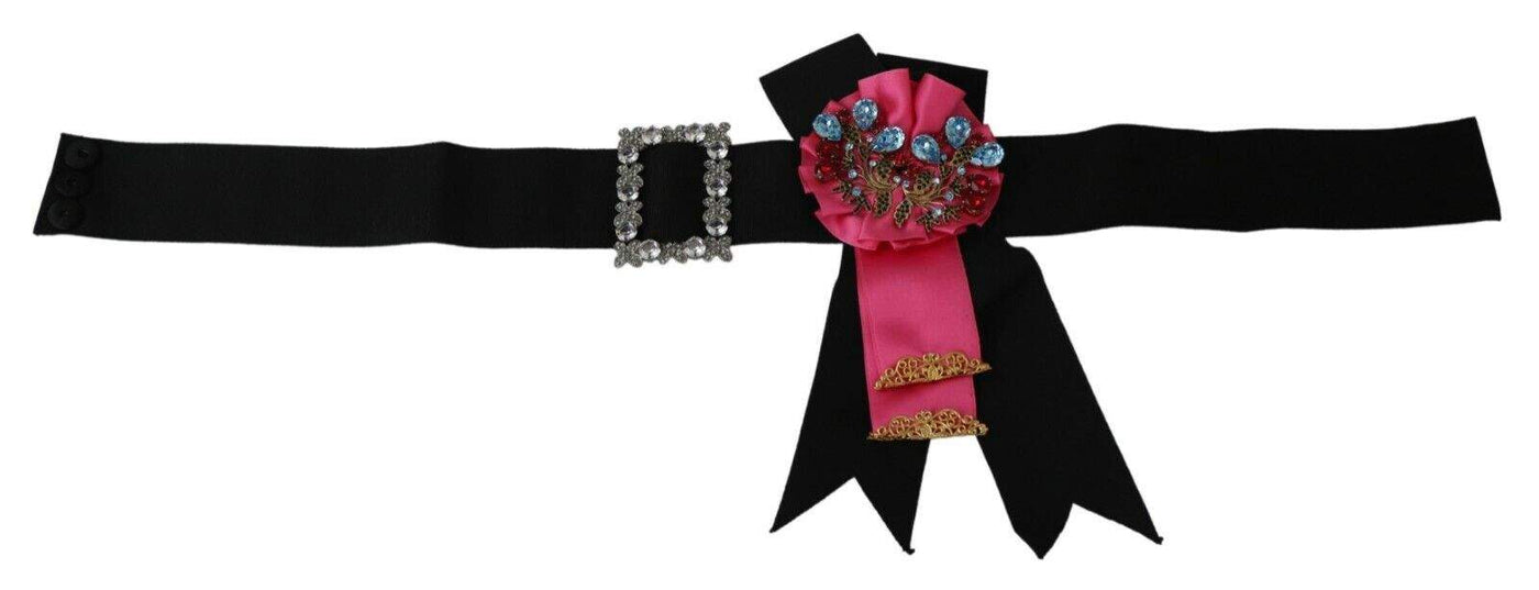 Dolce & Gabbana Black Pink Flower Brooch Crystals Cotton Belt Belts - Women - Accessories, Black, Dolce & Gabbana, feed-agegroup-adult, feed-color-Black, feed-gender-female, IT38|XS, IT40|S, IT42|M at SEYMAYKA