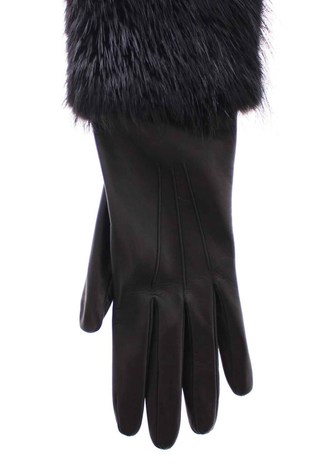 Black Beaver Fur Lambskin Leather Elbow Gloves