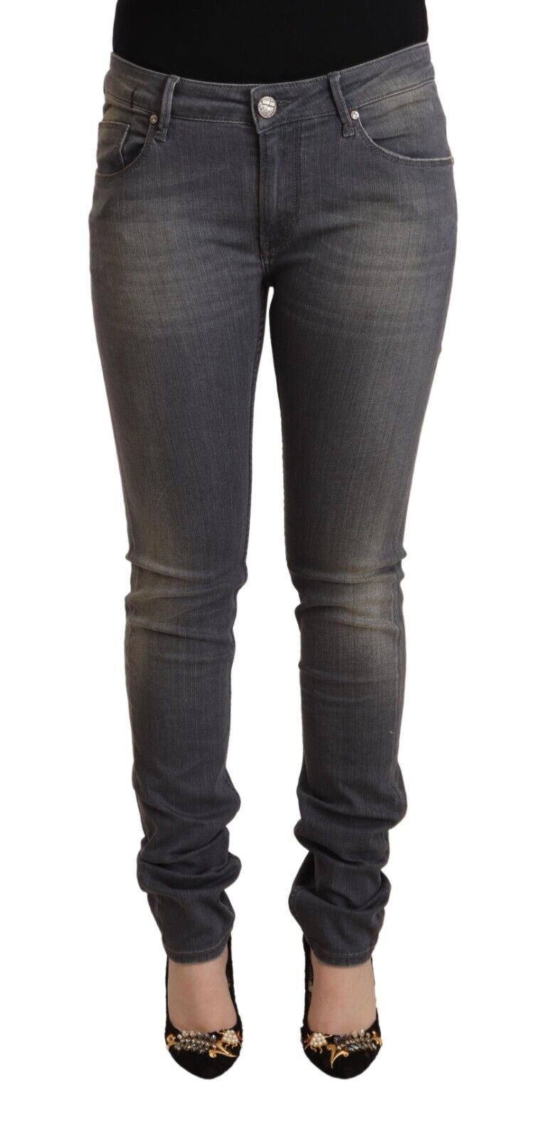Acht Dark Gray Washed Cotton Denim Skinny Jeans