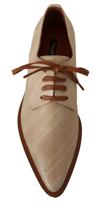 Dolce & Gabbana White Eel Leather Lace Up Formal Flats Shoes Beige, Dolce & Gabbana, EU39/US8.5, feed-1, Flat Shoes - Women - Shoes at SEYMAYKA