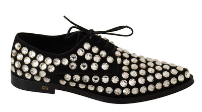 Dolce & Gabbana Black Leather Crystals Lace Up Formal Black, Dolce & Gabbana, EU39/US8.5, feed-1, Flat Shoes - Women - Shoes at SEYMAYKA
