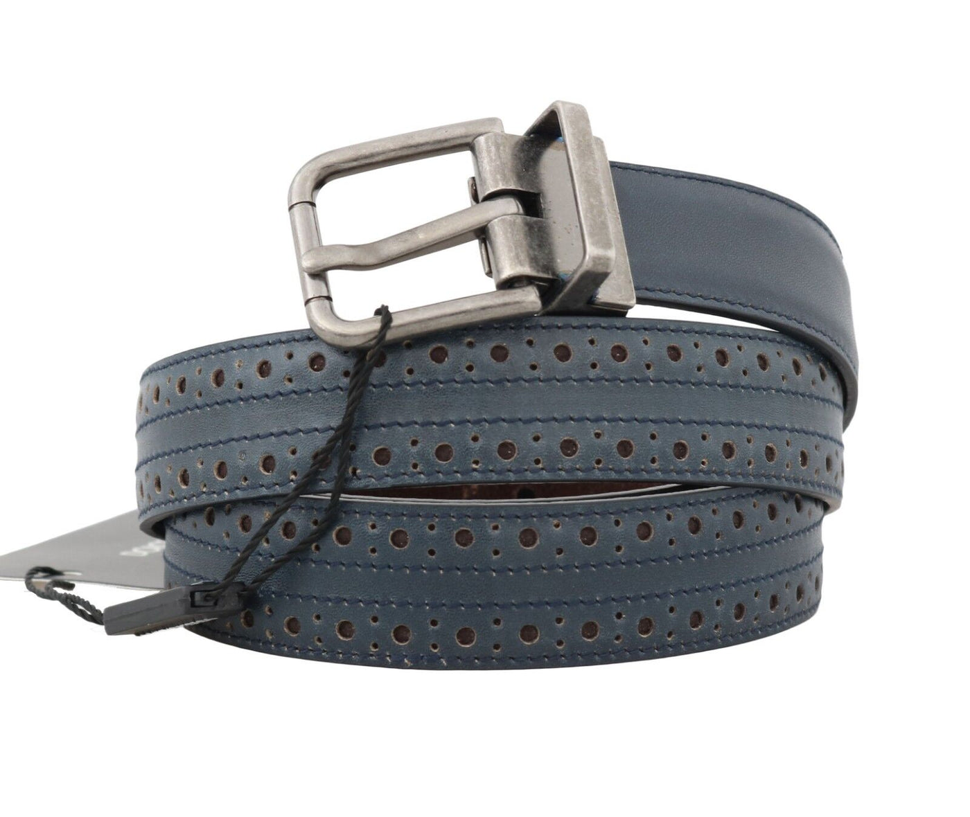 Blue Perforated Leather Gray Buckle Belt