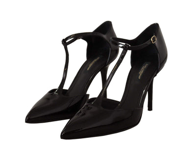 Dolce & Gabbana Black Patent Leather T-Strap Heels Sandals Black, Dolce & Gabbana, EU35/US4.5, feed-1, Sandals - Women - Shoes at SEYMAYKA