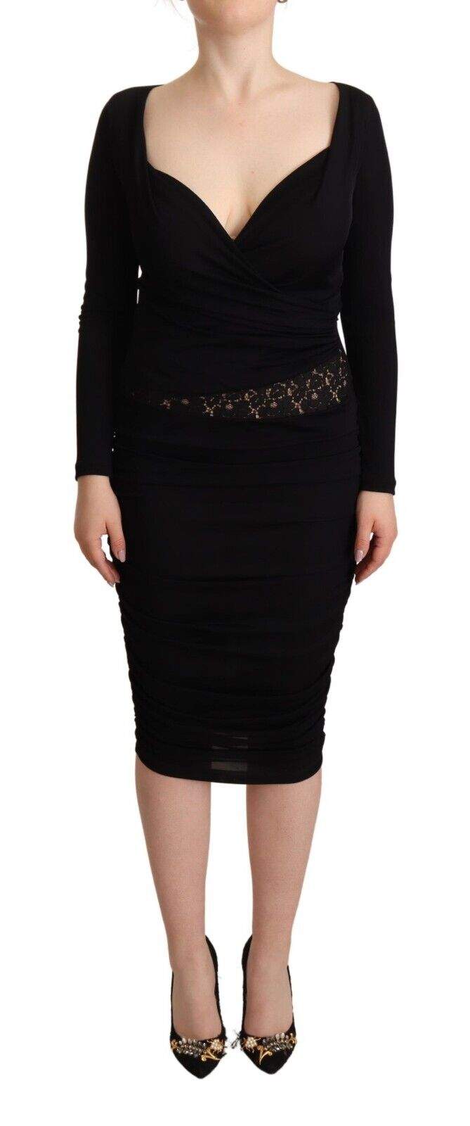 GF Ferre Black Long Sleeves Sweetheart Neck Midi Dress Black, Dresses - Women - Clothing, feed-1, GF Ferre, IT40|S at SEYMAYKA