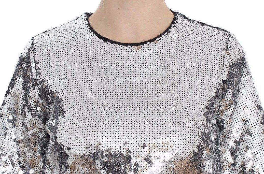 Dolce & Gabbana Silver Sequined Crewneck Blouse T-shirt Top #women, Dolce & Gabbana, feed-agegroup-adult, feed-color-Silver, feed-gender-female, IT38|XS, IT40|S, IT42|M, IT44|L, Silver, Tops & T-Shirts - Women - Clothing, Women - New Arrivals at SEYMAYKA