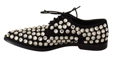 Dolce & Gabbana Black Leather Crystals Lace Up Formal Black, Dolce & Gabbana, EU39/US8.5, feed-1, Flat Shoes - Women - Shoes at SEYMAYKA