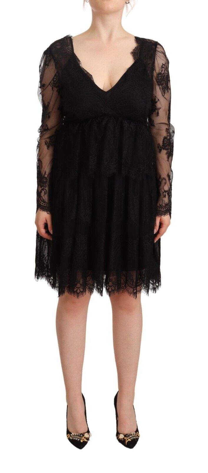 Aniye By Black Floral Lace Cotton Long Sleeves V-neck Shift Dress Aniye By, Black, Dresses - Women - Clothing, feed-1, IT44|L at SEYMAYKA