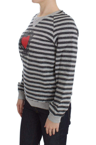 Exte Gray Striped Cotton Crewneck Sweater #women, Exte, feed-agegroup-adult, feed-color-gray, feed-gender-female, Gender_Women, Gray, IT38|XS, IT40|S, IT42|M, Slim fit logo on ches, Sweaters - Women - Clothing at SEYMAYKA