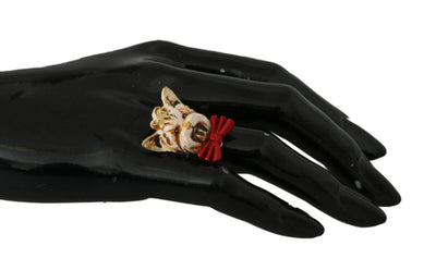 Dolce & Gabbana Gold Brass Resin Beige Dog Pet Branded Accessory Ring Beige, Dolce & Gabbana, EU50 | US5, EU58 | US9, feed-agegroup-adult, feed-color-Beige, feed-gender-female, Rings - Women - Jewelry at SEYMAYKA