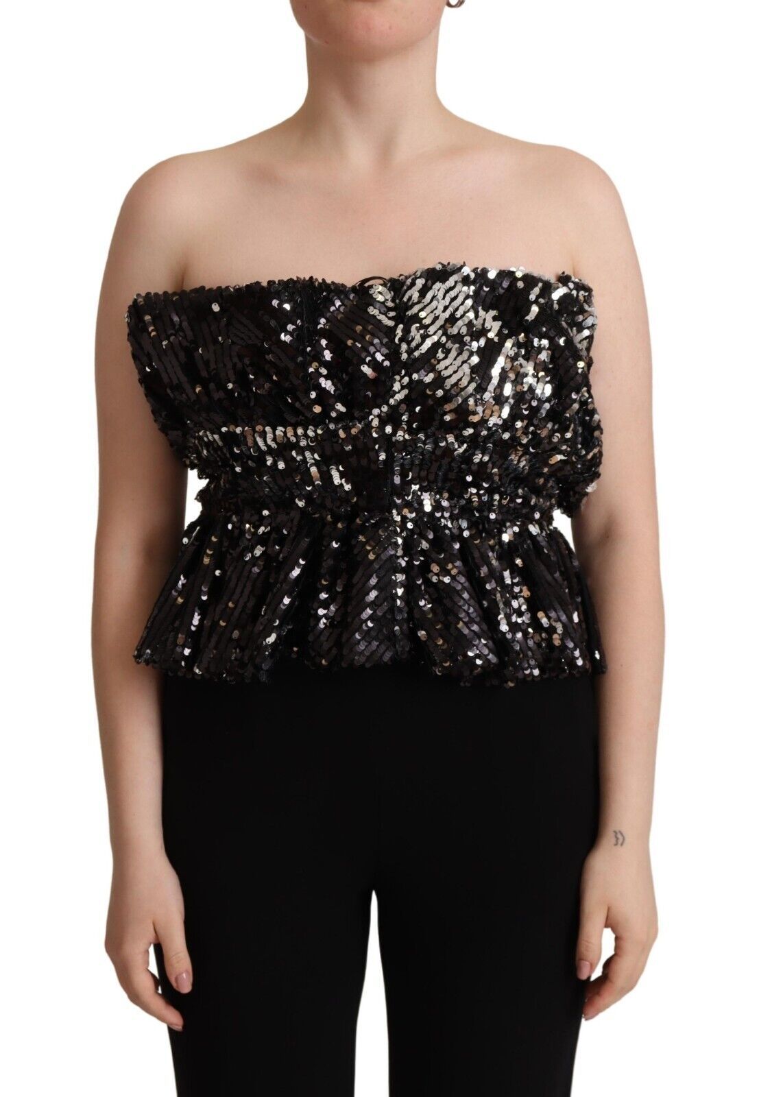 Black Sequined Polyester Strapless Cocktail Blouse Top