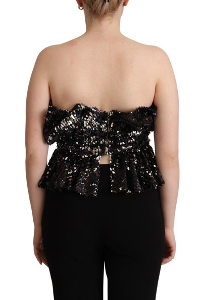 Black Sequined Polyester Strapless Cocktail Blouse Top