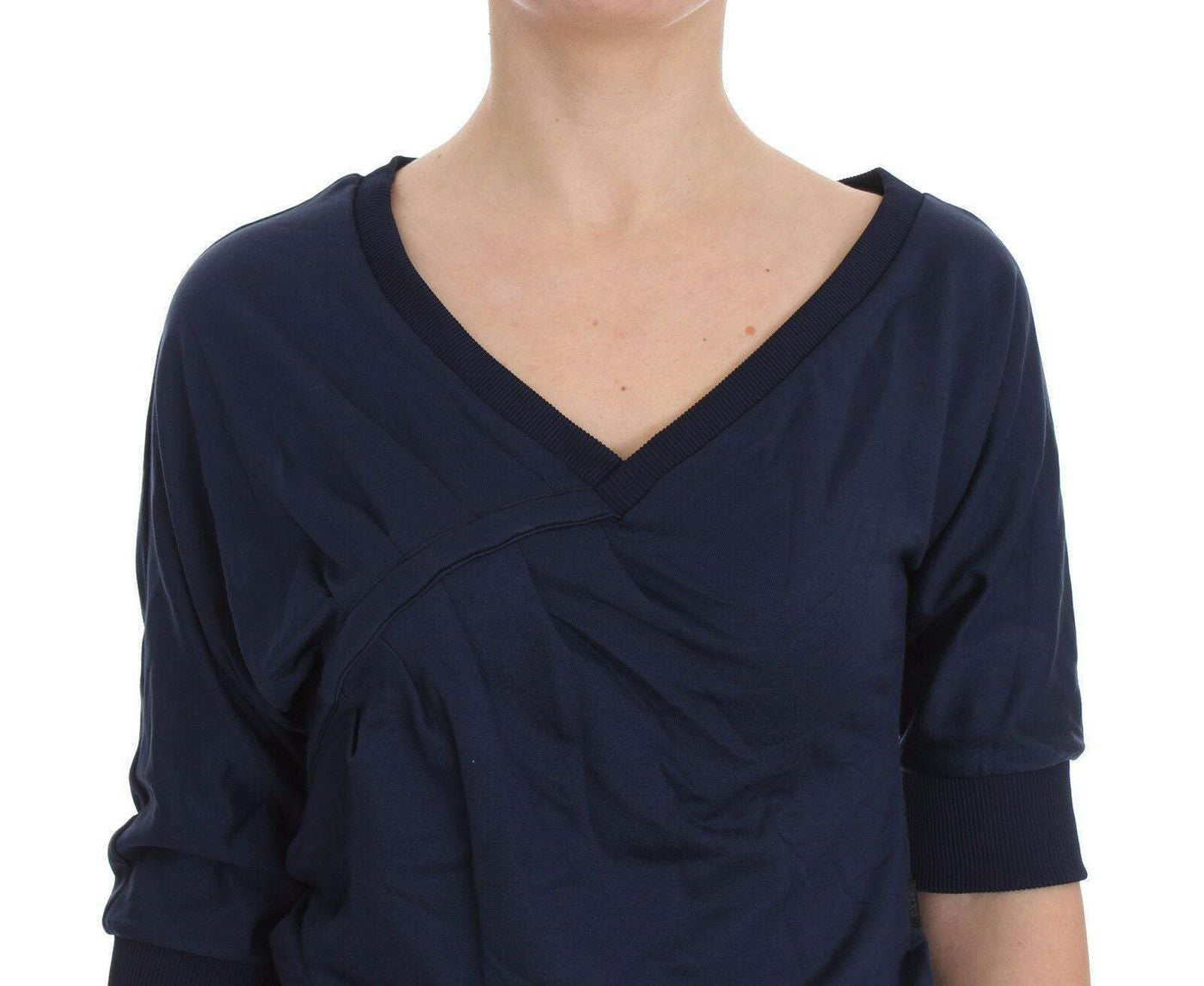 Exte Blue Cotton Top Pullover Deep V-neck Women Sweater #women, Blue, Exte, feed-agegroup-adult, feed-color-blue, feed-gender-female, IT40|S, Tops & T-Shirts - Women - Clothing, Women - New Arrivals at SEYMAYKA