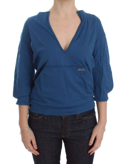 Exte Blue Cotton Top Pullover Deep V-neck Women Sweater #women, Blue, Exte, feed-agegroup-adult, feed-color-blue, feed-gender-female, IT40|S, Tops & T-Shirts - Women - Clothing, Women - New Arrivals at SEYMAYKA