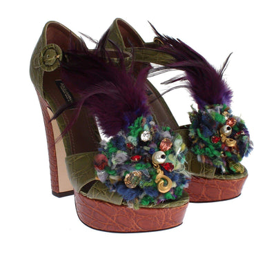 Dolce & Gabbana Green Leather Crystal Platform Sandal Shoes #women, Dolce & Gabbana, EU35/US4.5, EU36/US5.5, EU38.5/US8, EU38/US7.5, EU40/US9.5, feed-agegroup-adult, feed-color-green, feed-gender-female, Green, Sandals - Women - Shoes, Shoes - New Arrivals at SEYMAYKA