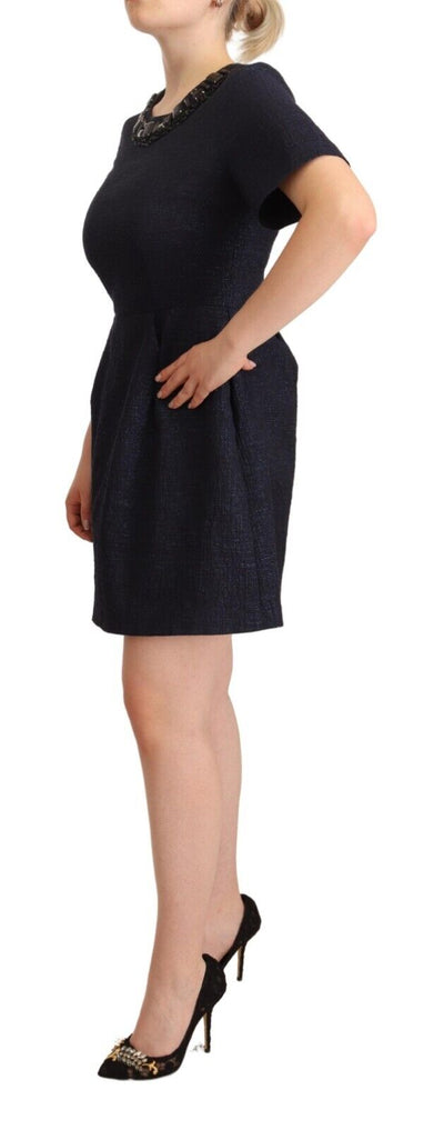L'Autre Chose Black Embellished Short Sleeves Mini A-line Dress