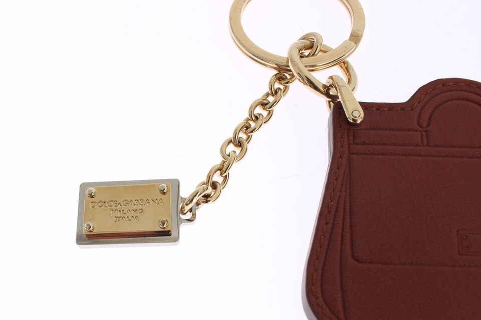 Dolce & Gabbana Brown Leather Miss SICILY Gold Finder Chain Keychain