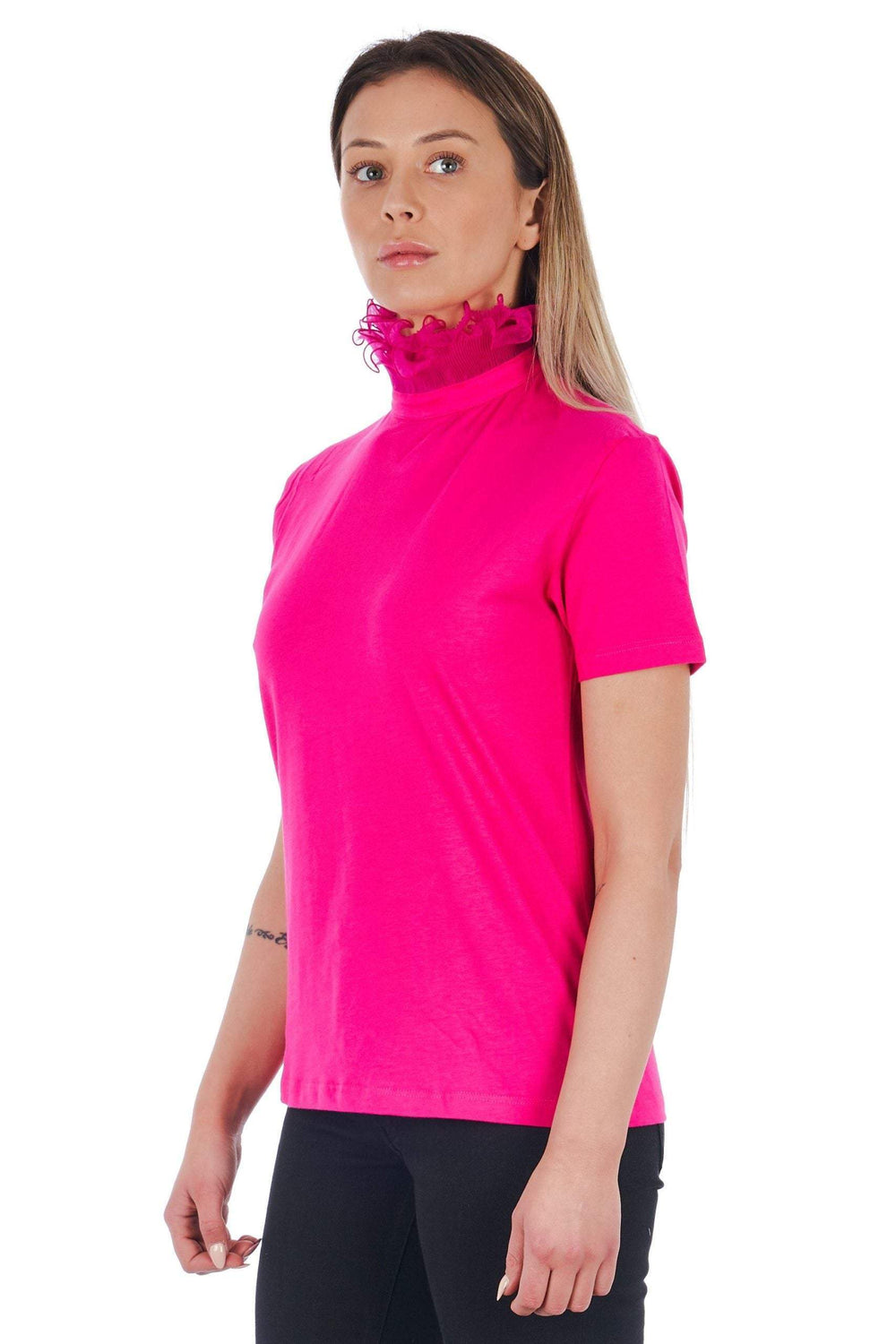 Frankie Morello high   neck short sleeve  Tops & T-Shirt #women, feed-agegroup-adult, feed-color-Pink, feed-gender-female, Frankie Morello, L, M, Pink, S, Tops & T-Shirts - Women - Clothing, XS, XXS at SEYMAYKA