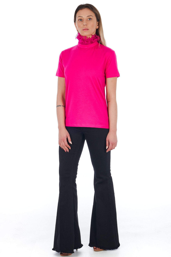 Frankie Morello high   neck short sleeve  Tops & T-Shirt #women, feed-agegroup-adult, feed-color-Pink, feed-gender-female, Frankie Morello, L, M, Pink, S, Tops & T-Shirts - Women - Clothing, XS, XXS at SEYMAYKA