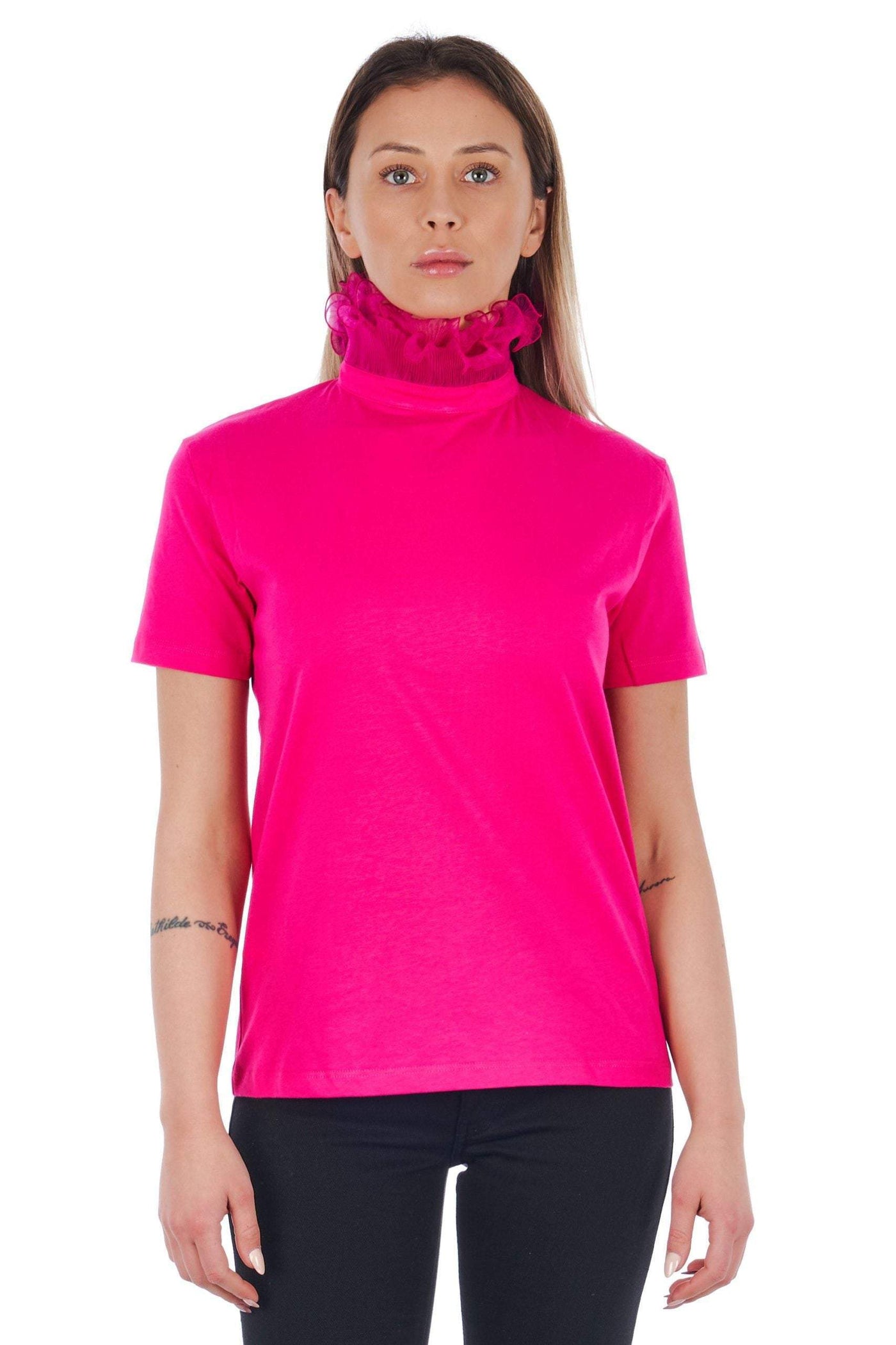 Frankie Morello high   neck short sleeve  Tops & T-Shirt #women, feed-agegroup-adult, feed-color-Pink, feed-gender-female, Frankie Morello, L, M, Pink, S, Tops & T-Shirts - Women - Clothing, XS, XXS at SEYMAYKA