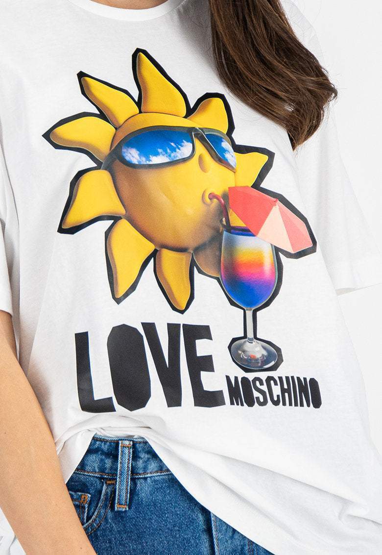 Love Moschino round neck logo printed  Tops & T-Shirt #women, feed-agegroup-adult, feed-color-white, feed-gender-female, IT38|XS, IT40|S, IT42|M, IT44|L, IT46 | L, IT48 | XL, Love Moschino, Tops & T-Shirts - Women - Clothing, White at SEYMAYKA